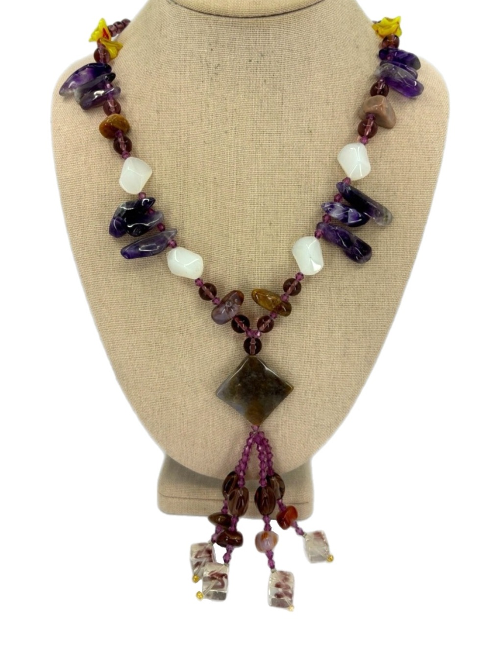 Stone Crystal Variety and Art Glass Long Necklace with Tassel Boho